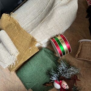 Festive Burlap Ribbon Set - Green, Gold, Red, White & Misc items shown